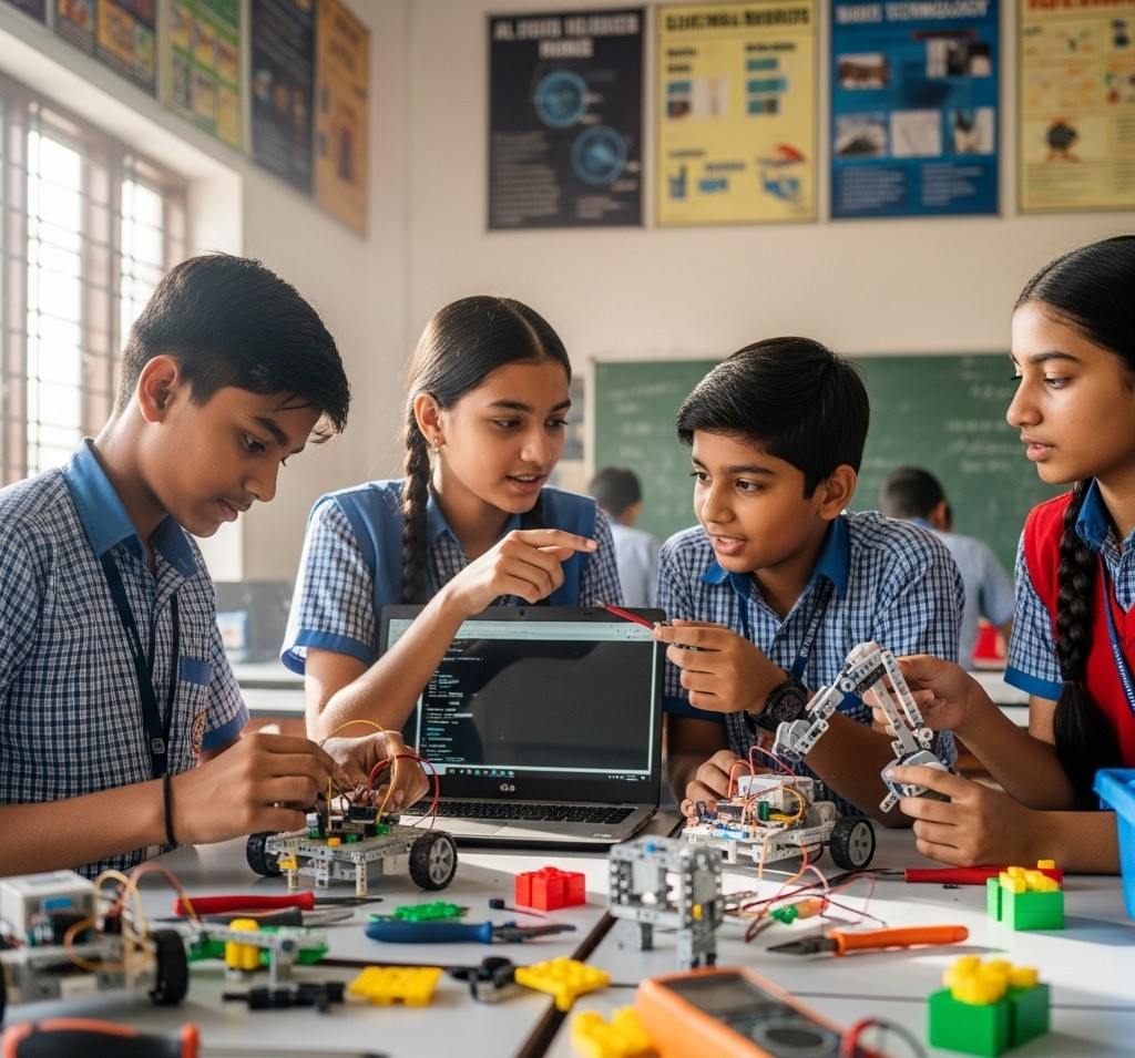 Students working with robotics in TinkerBots school lab
